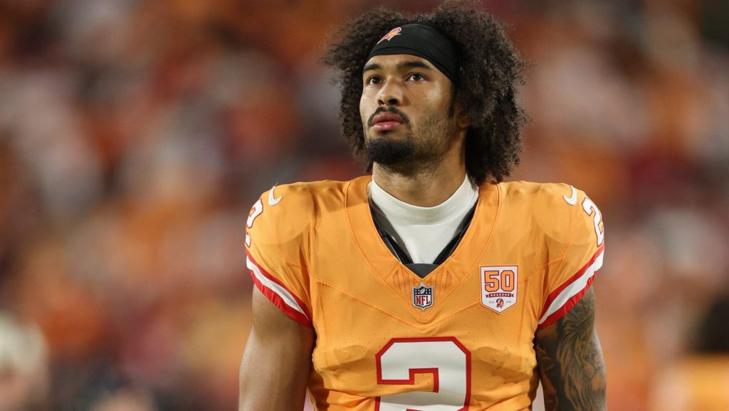 Dec 11, 2025; Tampa, Florida, USA; Tampa Bay Buccaneers wide receiver Emeka Egbuka (2) looks on against the Atlanta Falcons during the first quarter at Raymond James Stadium. Mandatory Credit: Nathan Ray Seebeck-Imagn Images