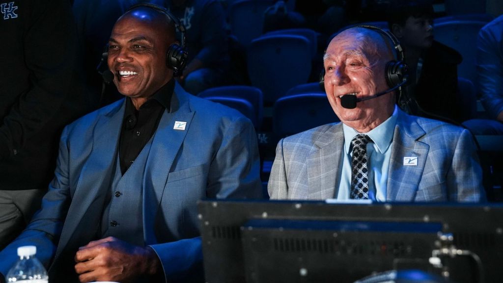 ESPN announcer Dick Vitale with analyst Charles Barkley before the Indiana-Kentucky men's college basketball game at Rupp Arena in Lexington, Kentucky December 13, 2025.