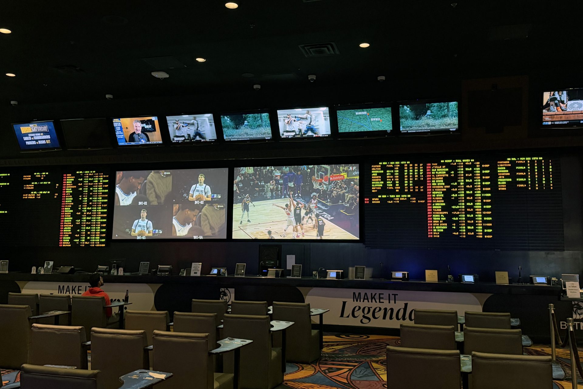 Dec 15, 2025; Las Vegas, NV, USA; Sports gambling odds are displayed at the BetMGM Sportsbook at the Luxor hotel and casino.