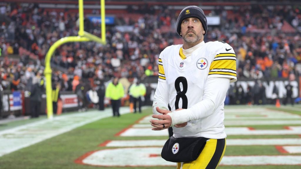 Dec 28, 2025; Cleveland, Ohio, USA; Pittsburgh Steelers quarterback Aaron Rodgers (8) looks on after the game against the Cleveland Browns at Huntington Bank Field.