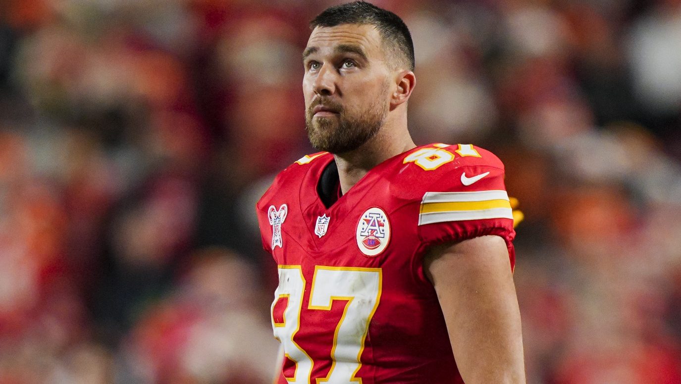 Dec 25, 2025; Kansas City, Missouri, USA; Kansas City Chiefs tight end Travis Kelce (87) reacts during the second half against the Denver Broncos at GEHA Field at Arrowhead Stadium. Mandatory Credit: Jay Biggerstaff-Imagn Images