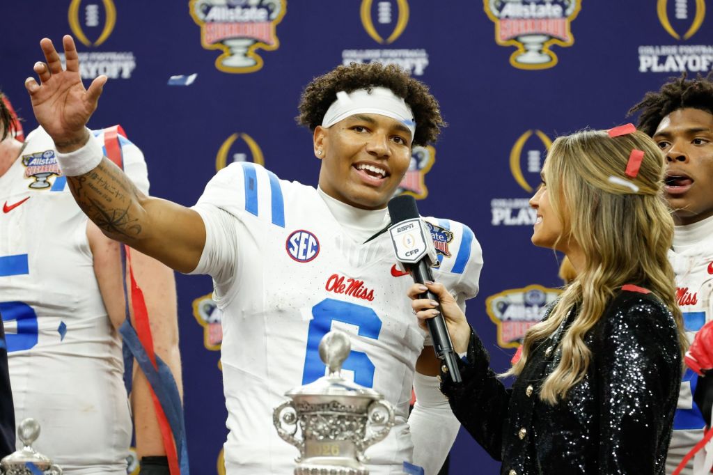 Jan 1, 2026; New Orleans, LA, USA; Mississippi Rebels quarterback Trinidad Chambliss (6) is interviewed after the 2026 Sugar Bowl and quarterfinal game of the College Football Playoff against the Georgia Bulldogs at Caesars Superdome.