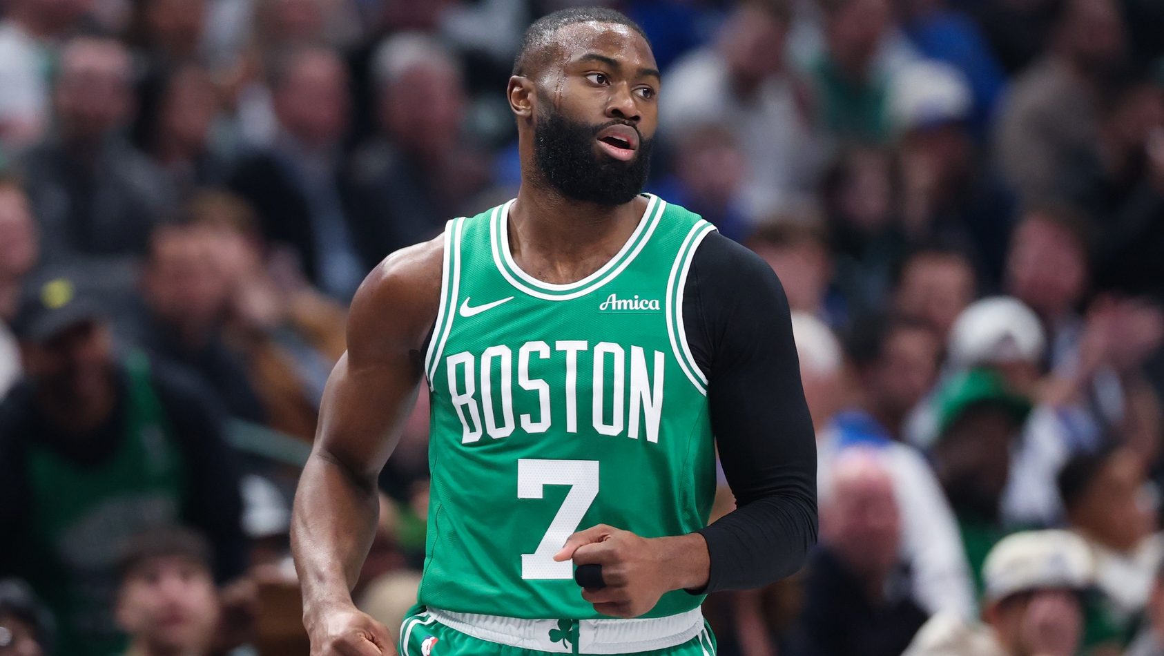 Feb 3, 2026; Dallas, Texas, USA; Boston Celtics guard Jaylen Brown (7) reacts against the Dallas Mavericks during the first quarter at American Airlines Center. Mandatory Credit: Kevin Jairaj-Imagn Images