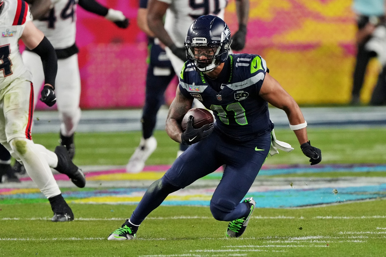 Feb 8, 2026; Santa Clara, CA, USA; Seattle Seahawks wide receiver Jaxon Smith-Njigba (11) runs the ball during the third quarter against the New England Patriots in Super Bowl LX at Levi's Stadium.