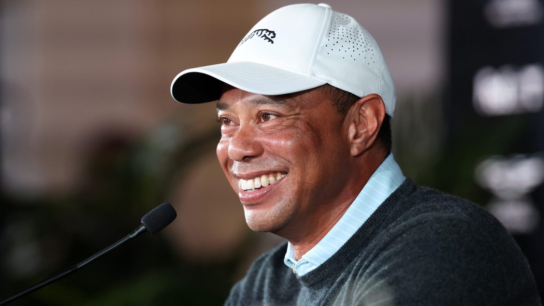 Feb 17, 2026; Pacific Palisades, CA, USA; Genesis Invitational tournament host Tiger Woods speaks to the media during a press conference at Riviera Country Club.
