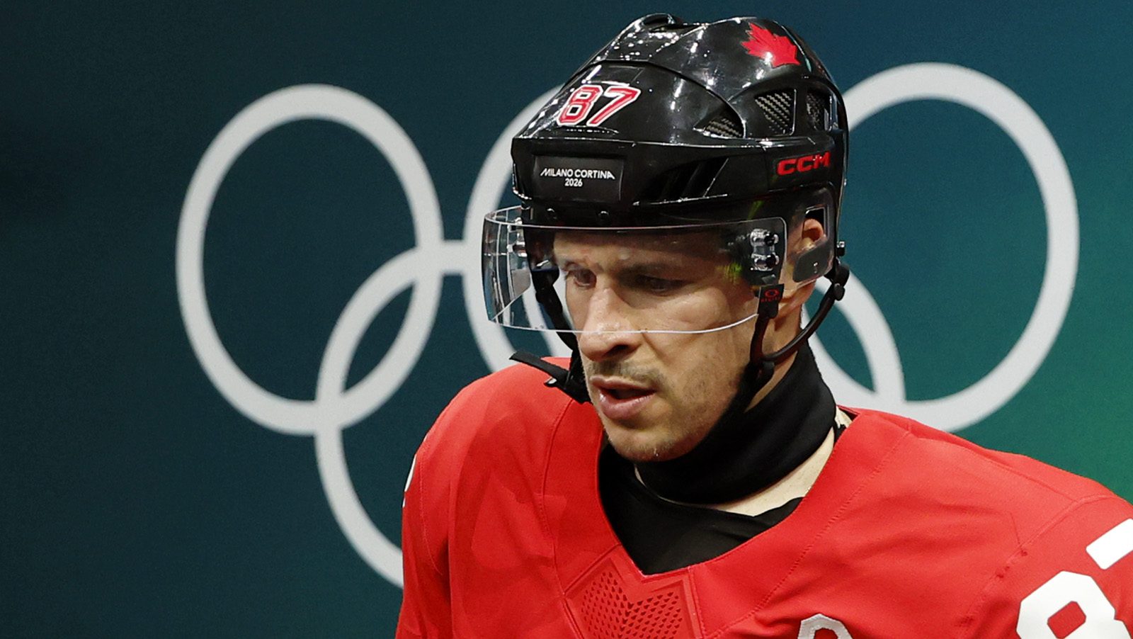 Feb 18, 2026; Milan, Italy; Sidney Crosby of Canada walks out to the ice before a men's ice hockey quarterfinal during the Milano Cortina 2026 Olympic Winter Games at Milano Santagiulia Ice Hockey Arena