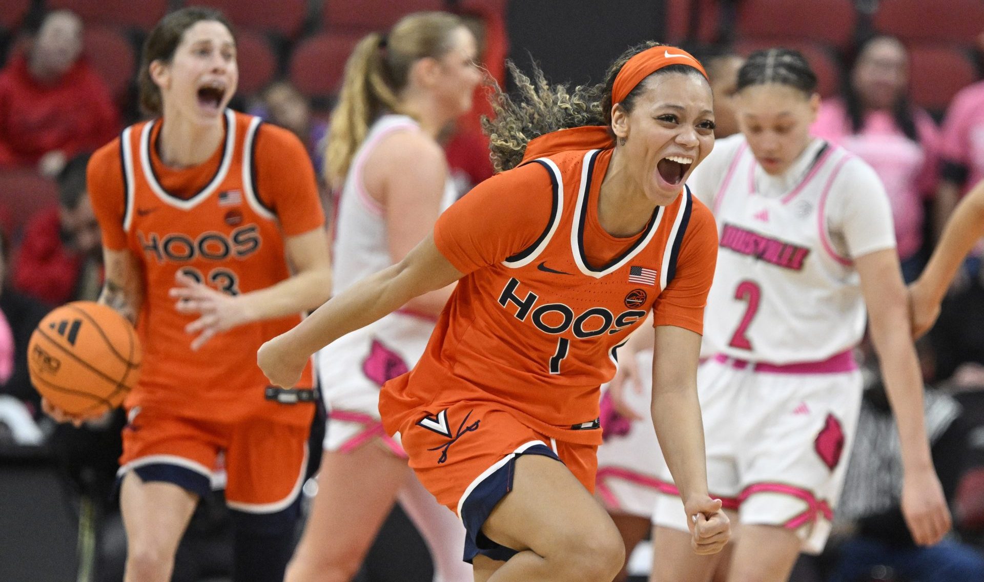Feb 22, 2026; Louisville, Kentucky, USA; Louisville Cardinals guard Reyna Scott (1) celebrates after time expires against the Louisville Cardinals at KFC Yum! Center