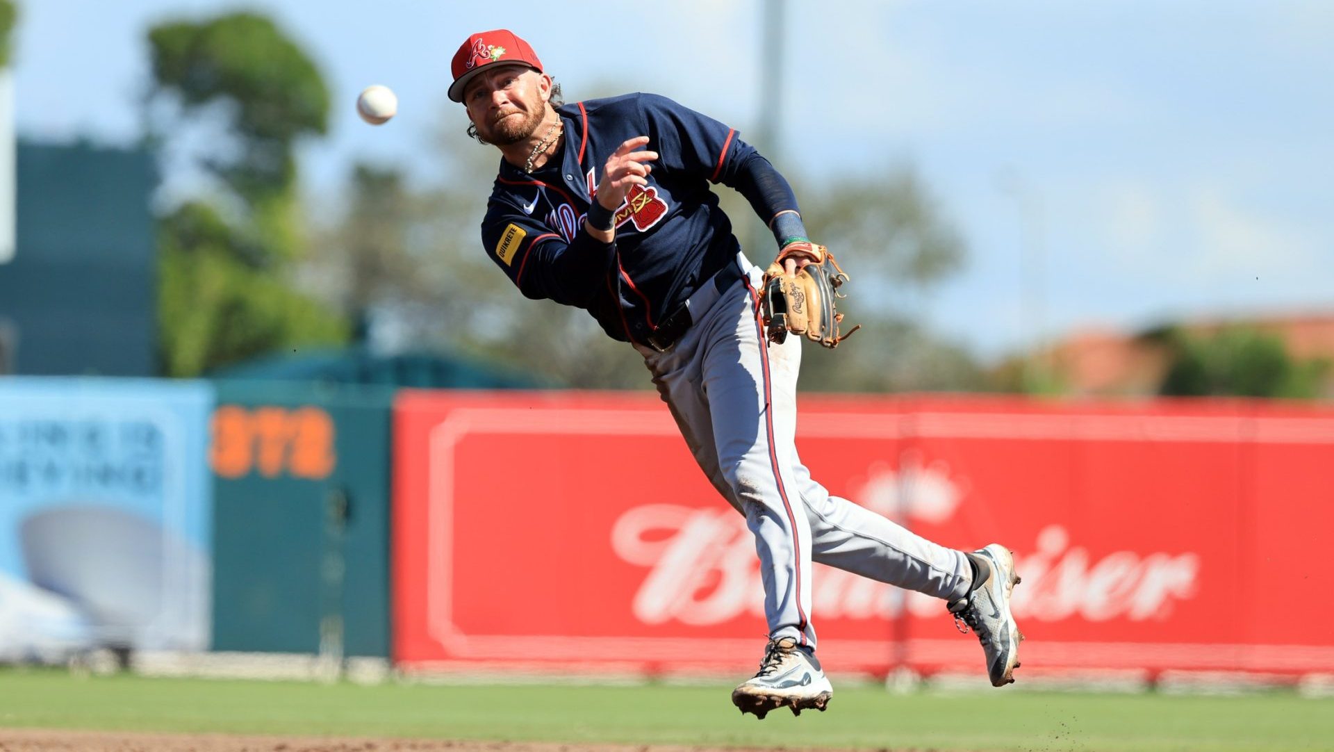 Feb 28, 2026; Sarasota, Florida, USA; Atlanta Braves second baseman Brett Wisely (0) throws the ball to first base for an out during the fifth inning against the Baltimore Orioles at Ed Smith Stadium.