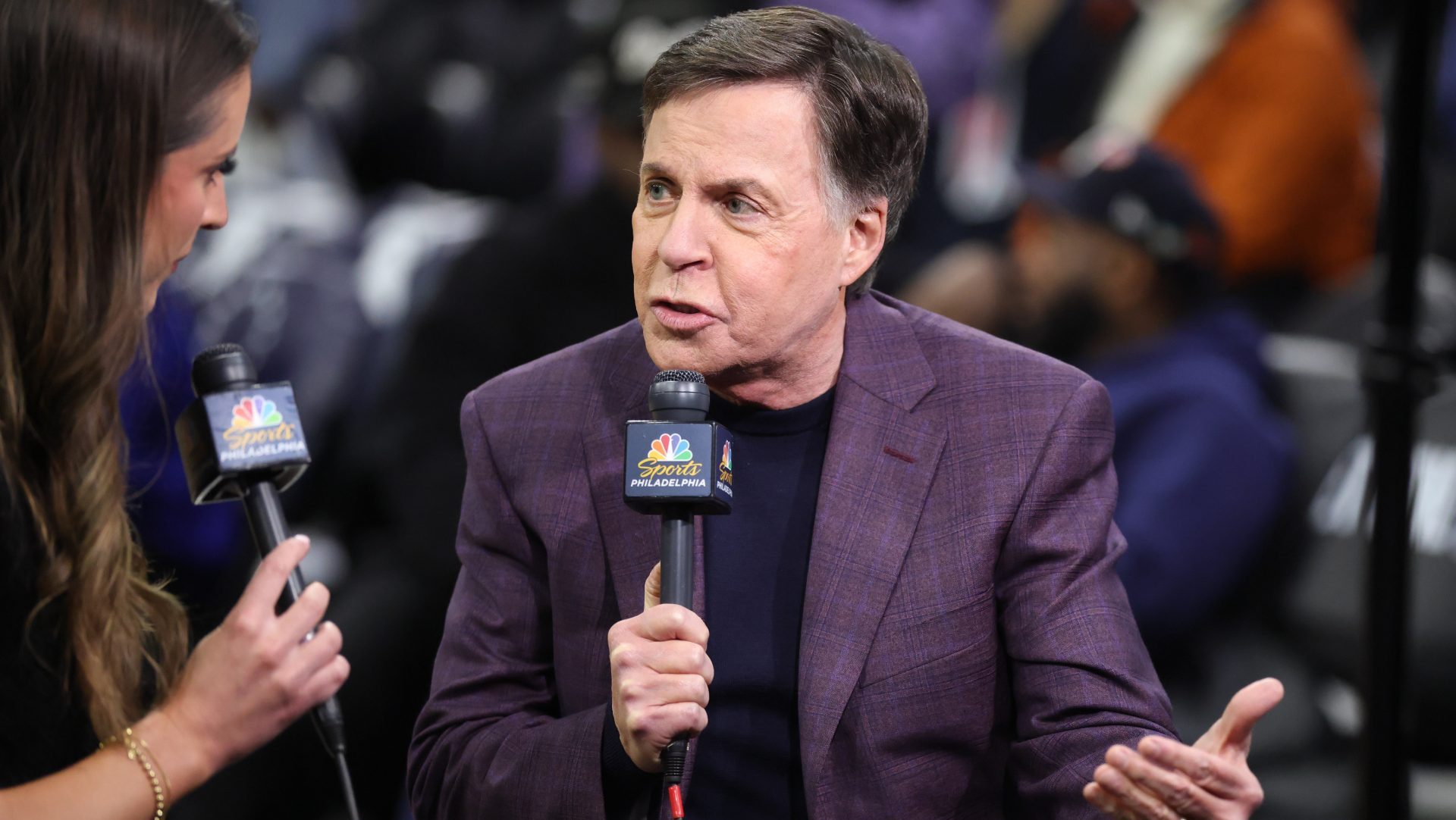 Mar 3, 2026; Philadelphia, Pennsylvania, USA; Sportscaster Bob Costas before a game between the Philadelphia 76ers and the San Antonio Spurs at Xfinity Mobile Arena. Mandatory Credit: Bill Streicher-Imagn Images