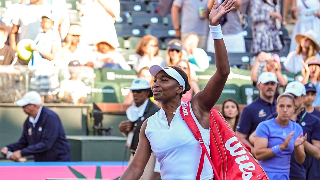 Venus Williams waves to fans as she walks off the court after her loss to Diane Parry in the first round of the BNP Paribas Open in Indian Wells, Calif., Thursday, March 5, 2026.