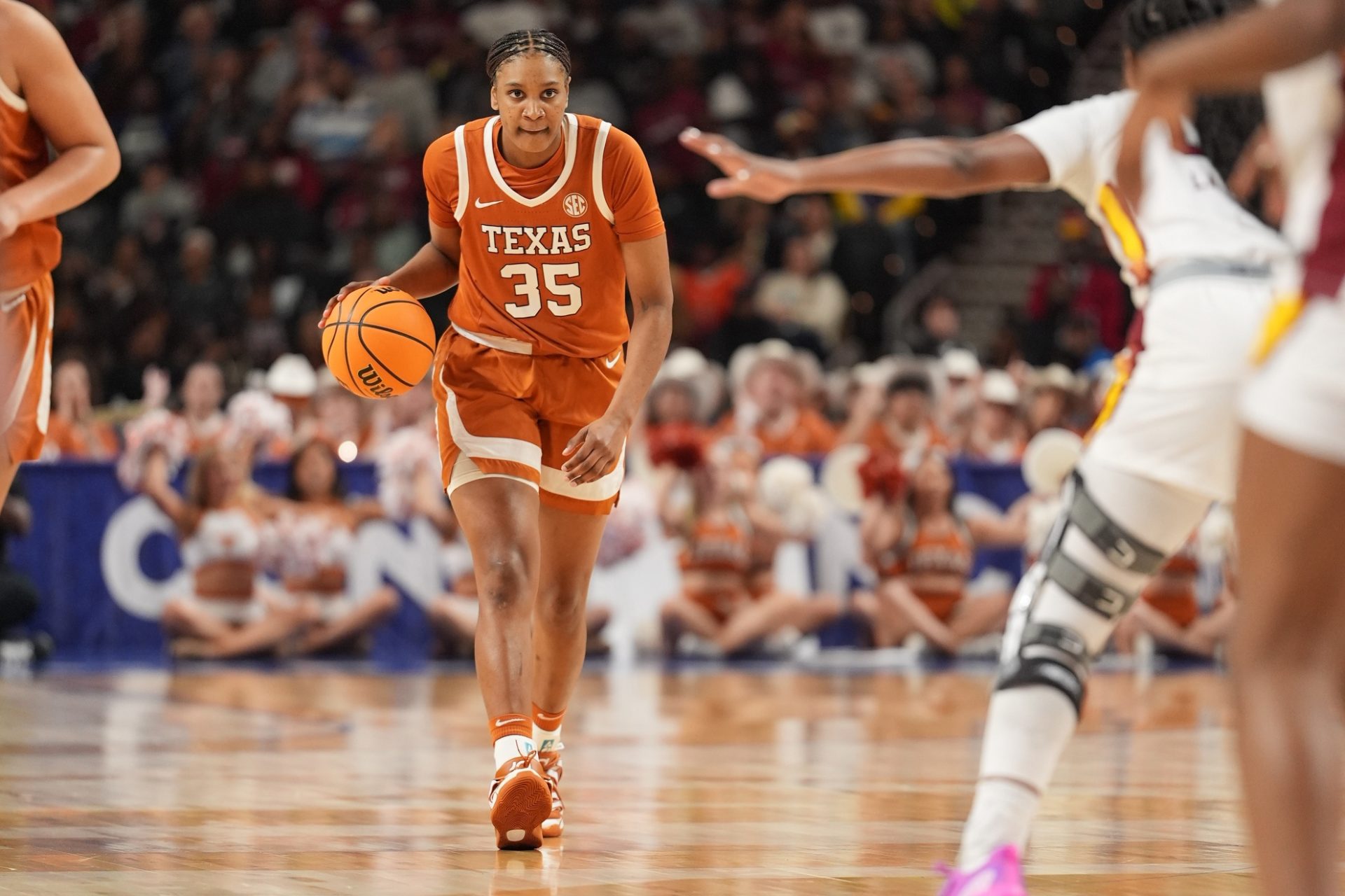 Mar 8, 2026; Greenville, SC, USA;Texas Longhorns forward Madison Booker (35) brings the ball up court against the South Carolina Gamecocks during the first half at Bon Secours Wellness Arena.