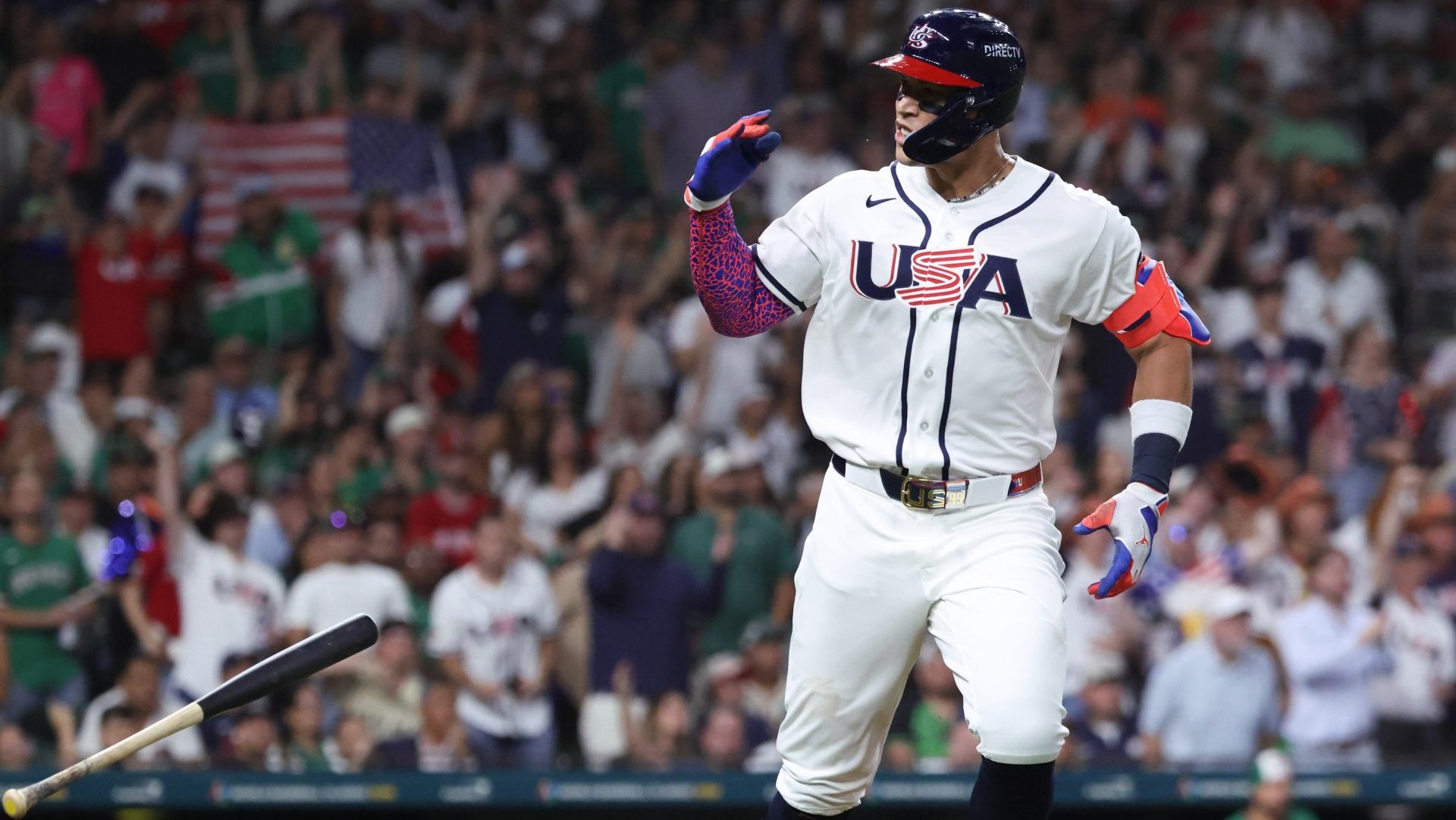 Mar 9, 2026; Houston, TX, United States; United States outfielder Aaron Judge (99) celebrates a two run home run in the third inning against Mexico at Daikin Park. Mandatory Credit: Troy Taormina-Imagn Images