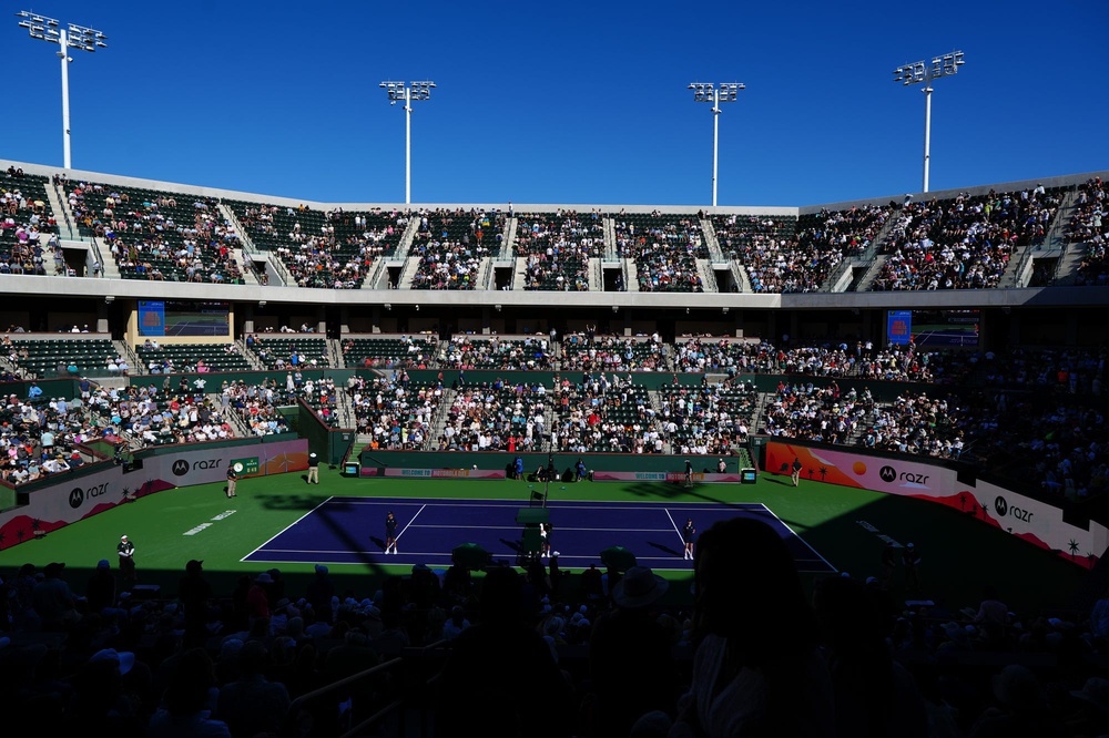 Tennis fans watch a BNP Paribas Open third-round match between Taylor Fritz and Alex Michelsen on Stadium 2 at the Indian Wells Tennis Garden in Indian Wells, Calif., on Monday, March 9, 2026.