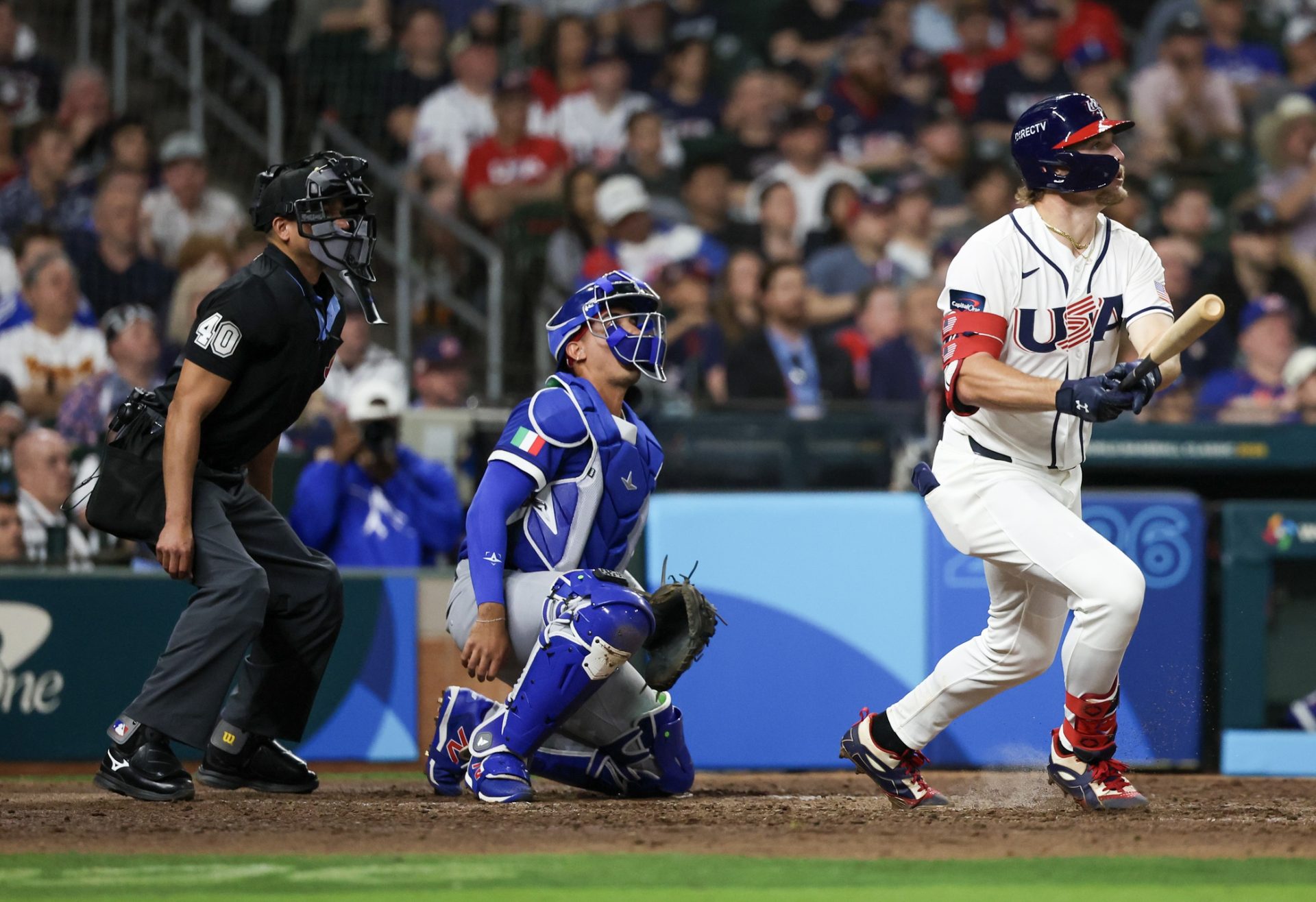 Mar 10, 2026; Houston, TX, United States; United States shortstop Bobby Witt Jr. (7) hits a home run against Italy in the sixth inning at Daikin Park.