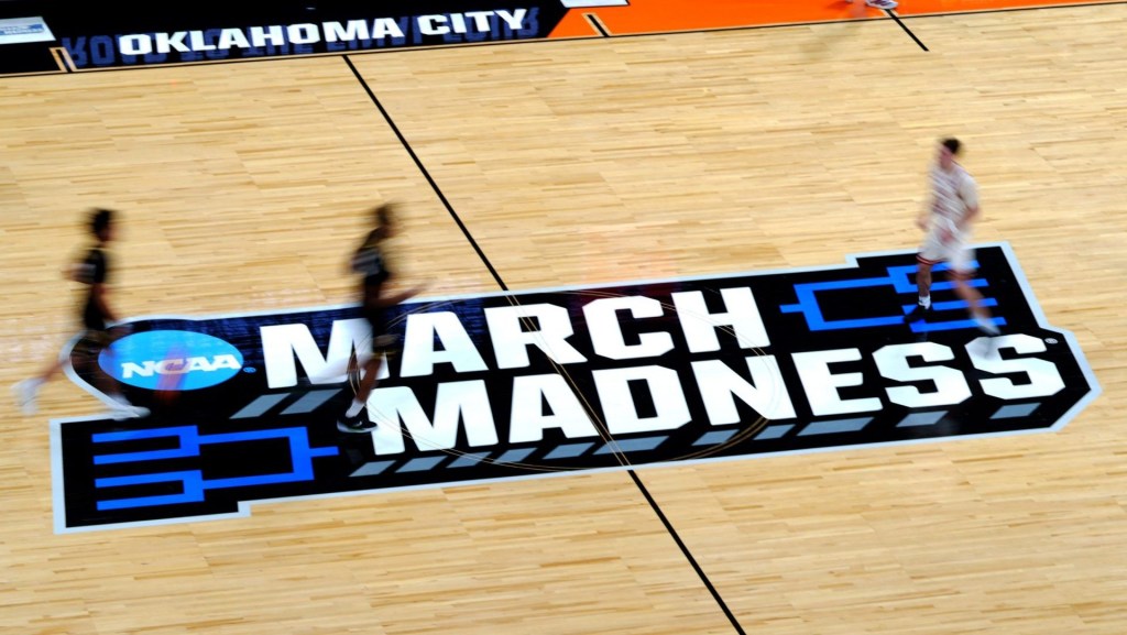 The March Madness logo is pictured during a second-round game in the NCAA men's basketball tournament between Nebraska Cornhuskers and Vanderbilt Commodores at Paycom Center in Oklahoma City, Saturday March 21, 2026.