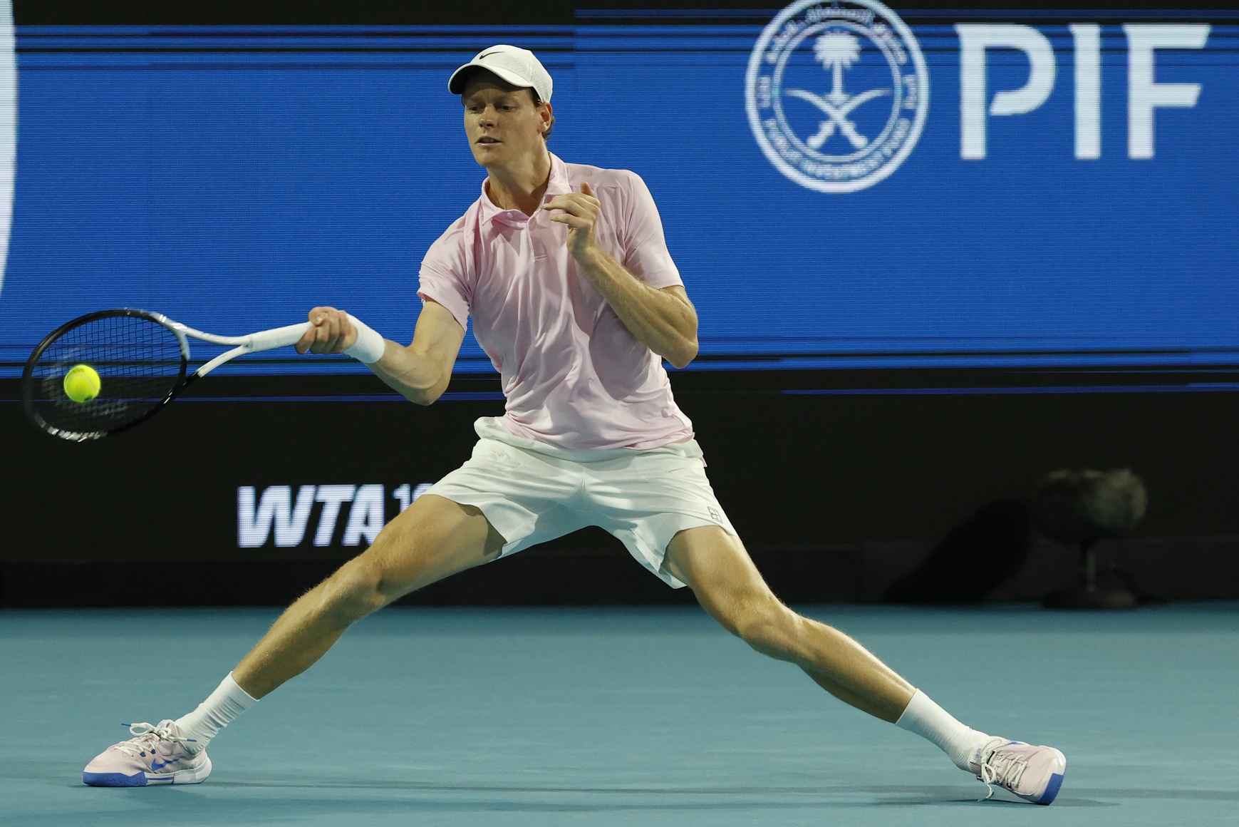 Mar 23, 2026; Miami Gardens, FL, USA; Jannik Sinner (ITA) hits a forehand against Corentin Moutet (FRA) (not pictured) on day 7 of the 2026 Miami Open at Hard Rock Stadium.