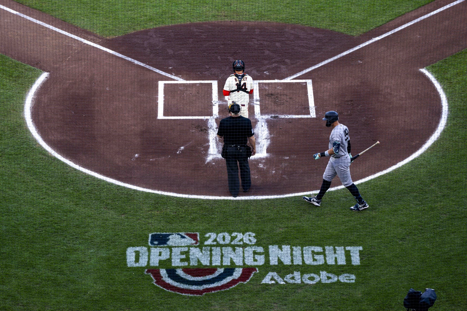 Mar 25, 2026; San Francisco, California, USA; New York Yankees right fielder Aaron Judge (99) walks to the plate against the San Francisco Giants in the first inning at Oracle Park.