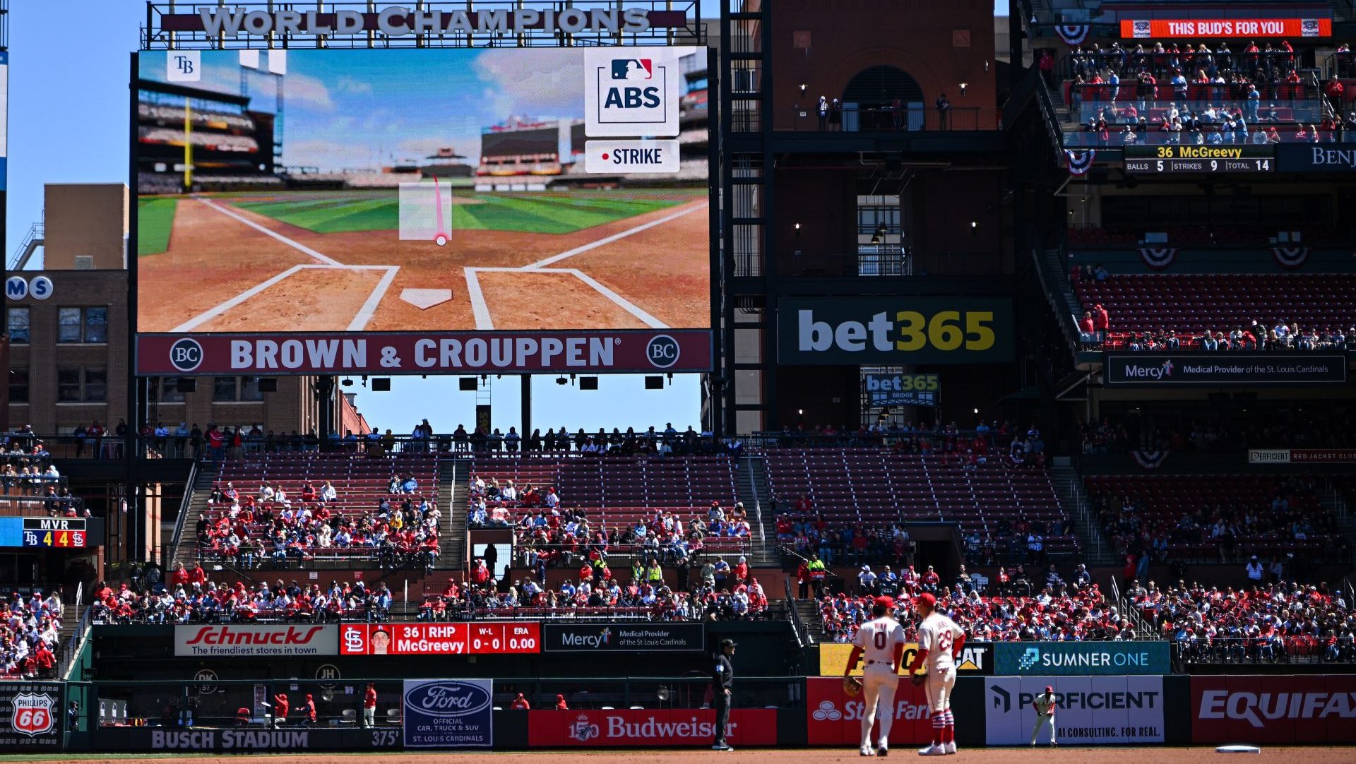 Mar 28, 2026; St. Louis, Missouri, USA; A general view during a ABS challenge during the first inning of a game between the St. Louis Cardinals and the Tampa Bay Rays at Busch Stadium. Mandatory Credit: Jeff Curry-Imagn Images