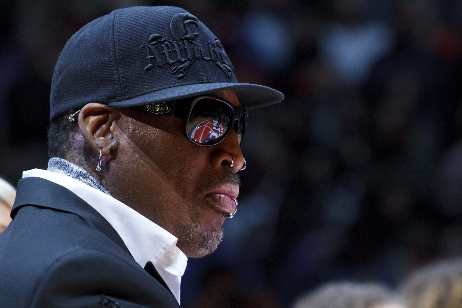 Apr 01, 2011; Auburn Hills, MI, USA; Dennis Rodman before his jersey is retired at half time of an NBA game between the Detroit Pistons and the Chicago Bulls at The Palace.