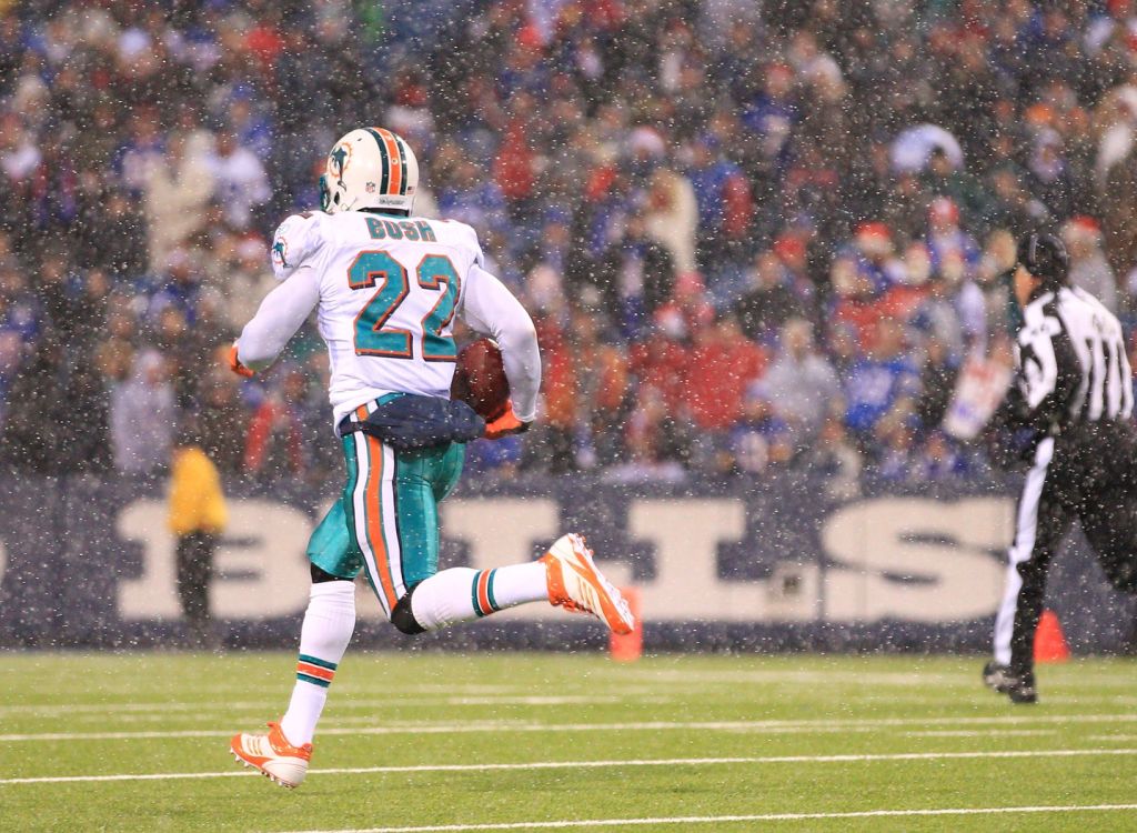 Dec 18, 2011; Orchard Park, NY, USA; Miami Dolphins running back Reggie Bush (22) runs for a touchdown against the Buffalo Bills during the second half at Ralph Wilson Stadium.