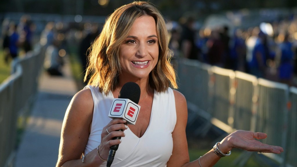 Feb 7, 2022; Westlake Village, CA, USA; ESPN reporter Dianna Russini at Los Angeles Rams Super Bowl LVI Opening Night at Oaks Christian High School. Mandatory Credit: Kirby Lee-USA TODAY Sports