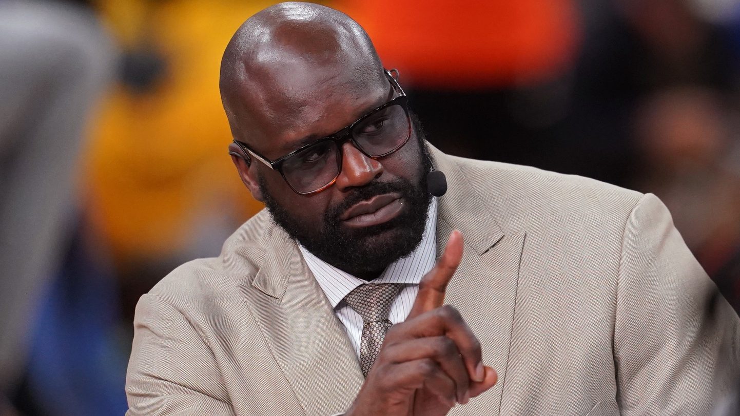 Jun 5, 2022; San Francisco, California, USA; NBA analyst and former player Shaquille O'Neal speaks before the game between the Golden State Warriors and the Boston Celtics during game two of the 2022 NBA Finals at Chase Center. Mandatory Credit: Cary Edmondson-USA TODAY Sports