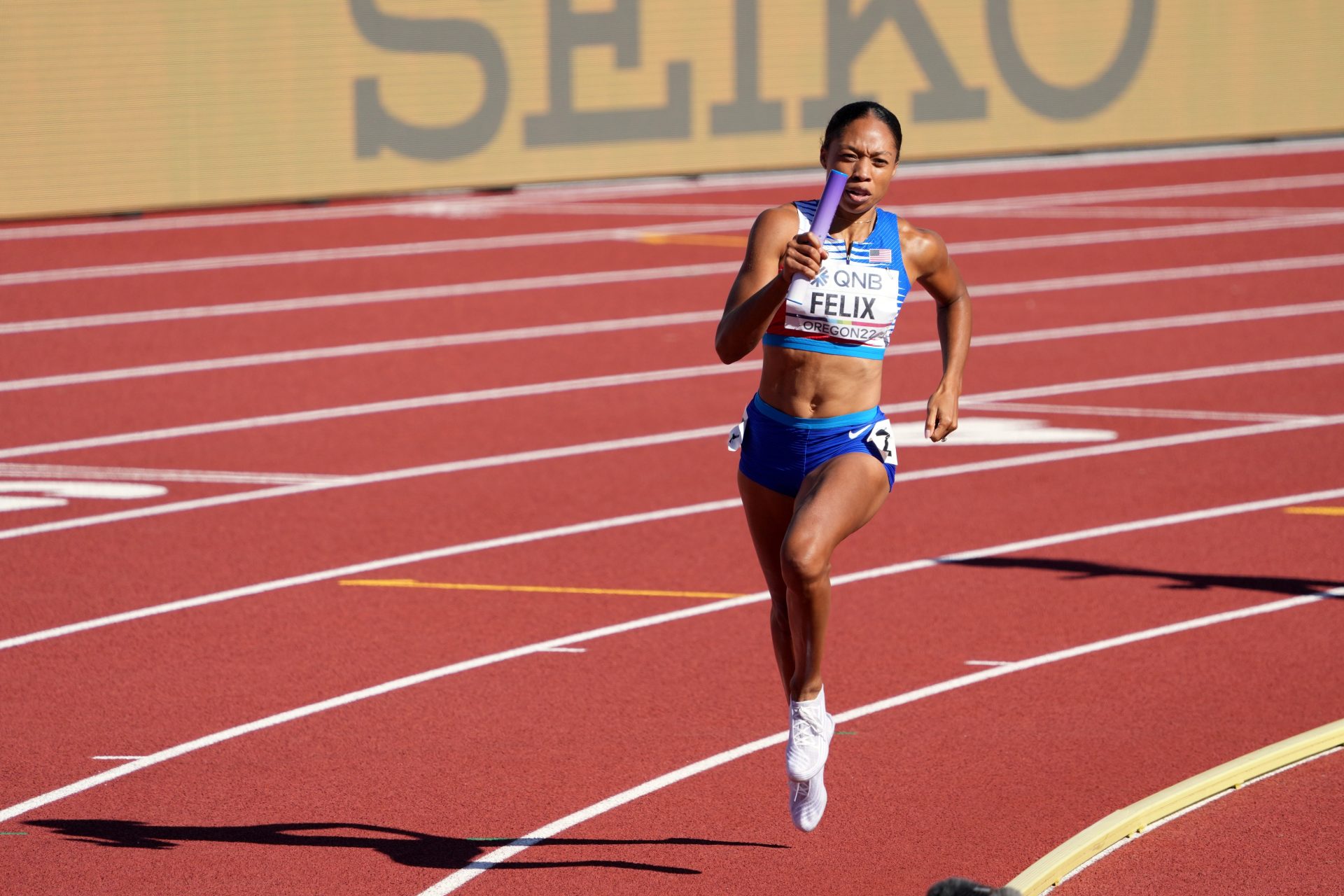 Jul 23, 2022; Eugene, Oregon, USA; Allyson Felix (USA) competes in the 4x400 Meters Relay Women on Day 9 during the World Athletics Championships Oregon 22 at Hayward Field.