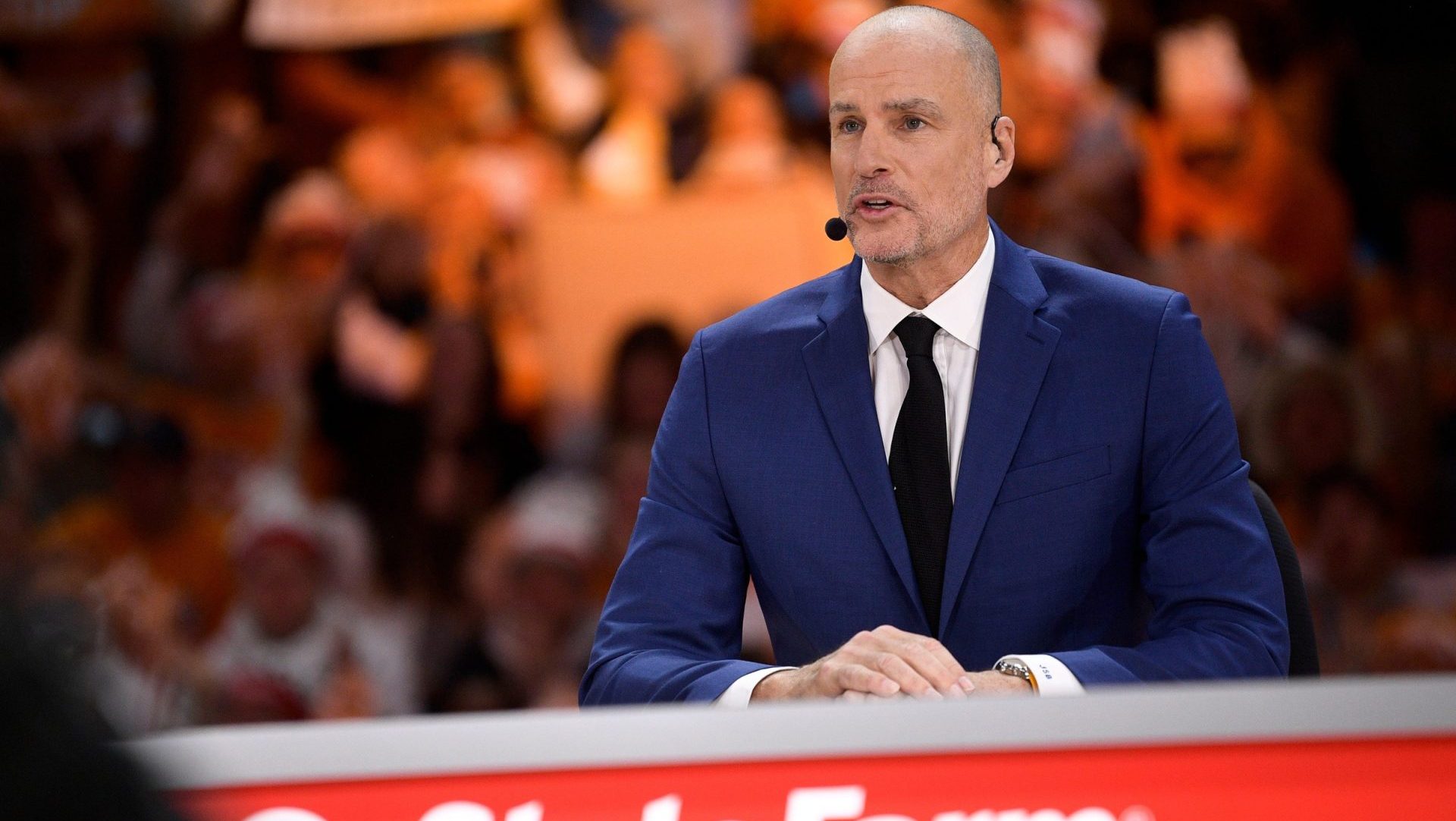 ESPN's Jay Bilas speaks during ESPN's 'College GameDay' broadcast ahead of No. 4 Tennessee's basketball game against No. 10 Texas at Thompson-Boling Arena in Knoxville, Tenn., on Saturday, Jan. 28, 2023.