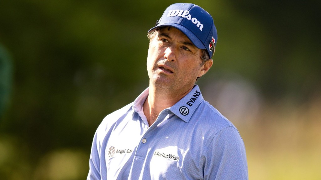 Apr 25, 2024; Avondale, Louisiana, USA; Kevin Kisner reacts to his shot from the 14th tee during the first round of the Zurich Classic of New Orleans golf tournament. Mandatory Credit: Stephen Lew-USA TODAY Sports