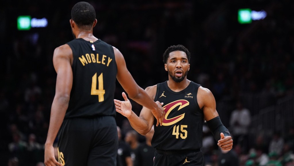 May 9, 2024; Boston, Massachusetts, USA; Cleveland Cavaliers guard Donovan Mitchell (45) reacts after a basket buy forward Evan Mobley (4) against the Boston Celtics in the first quarter during game two of the second round for the 2024 NBA playoffs at TD Garden. Mandatory Credit: David Butler II-USA TODAY Sports
