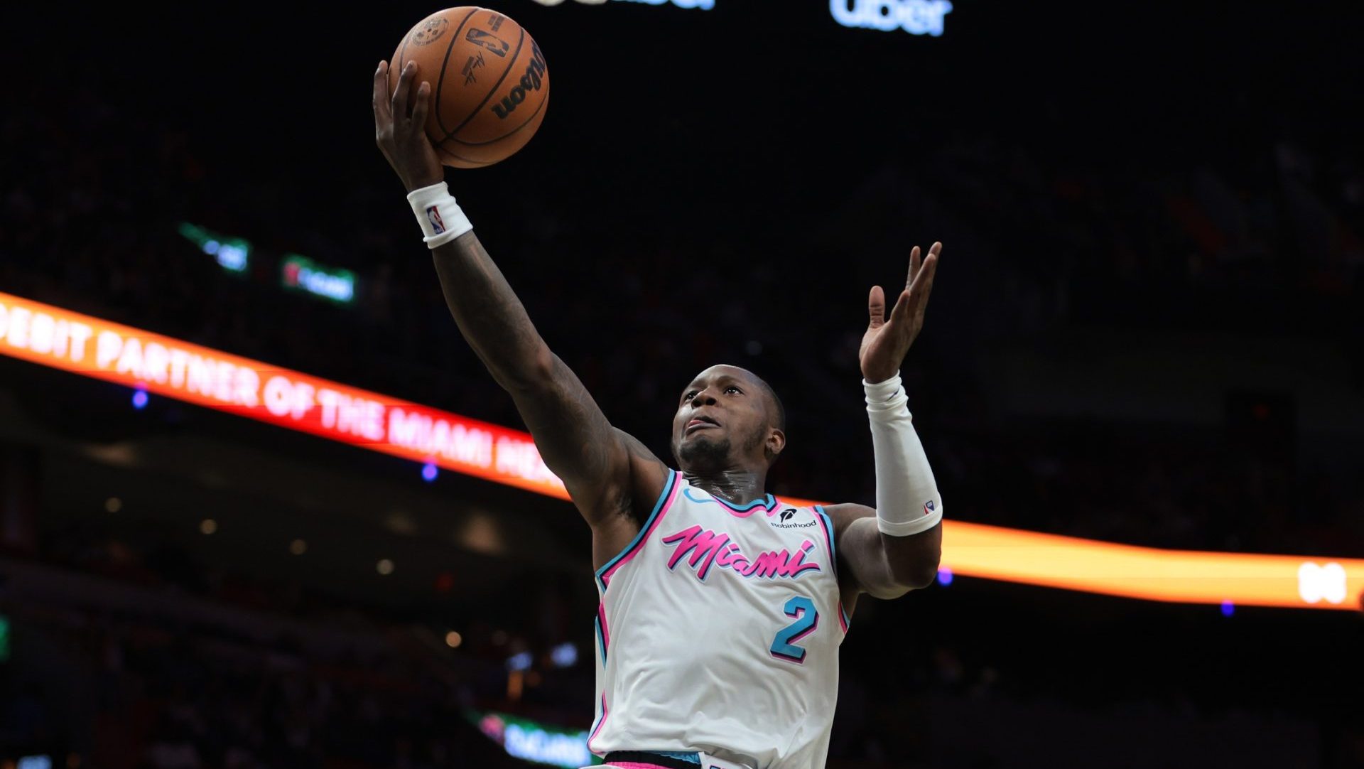 Jan 17, 2025; Miami, Florida, USA; Miami Heat guard Terry Rozier (2) drives to the basket against the Denver Nuggets during the fourth quarter at Kaseya Center. Mandatory Credit: Sam Navarro-Imagn Images