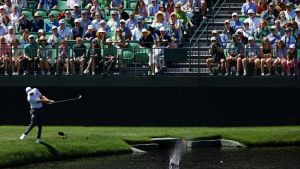 Apr 8, 2025; Augusta, Georgia, USA; Matt Fitzpatrick skips his ball on the 16th hole during a practice round for the Masters Tournament at Augusta National Golf Club.