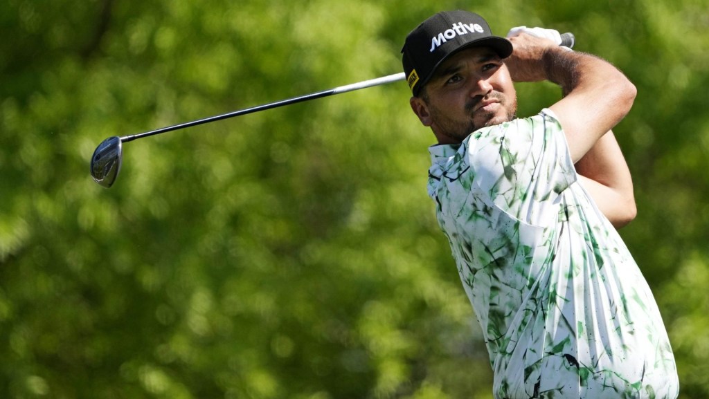 Apr 10, 2025; Augusta, Georgia, USA; Jason Day plays his shot from the fifth tee during the first round of the Masters Tournament
