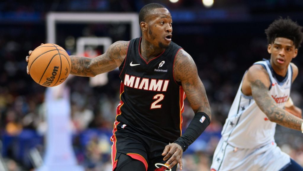 Mar 31, 2025; Washington, District of Columbia, USA; Miami Heat guard Terry Rozier (2) drives to the basket against Washington Wizards guard AJ Johnson (5) during the first quarter at Capital One Arena. Mandatory Credit: Reggie Hildred-Imagn Images