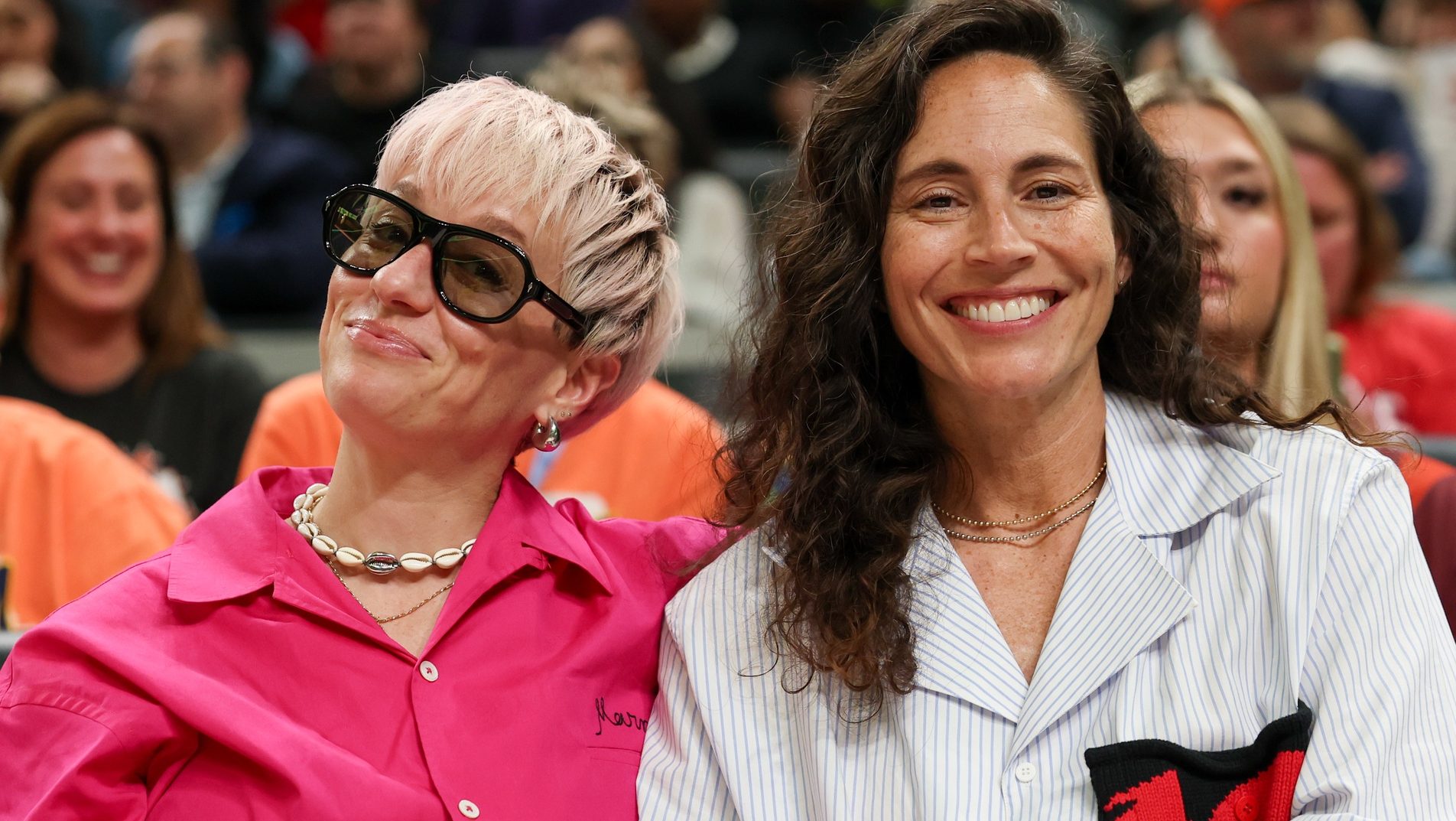 Jul 18, 2025; Indianapolis, IN, USA; Megan Rapinoe and Sue Bird pose for a photo during the 2025 WNBA All Star Skills Challenge at Gainbridge Fieldhouse. Mandatory Credit: Trevor Ruszkowski-Imagn Images