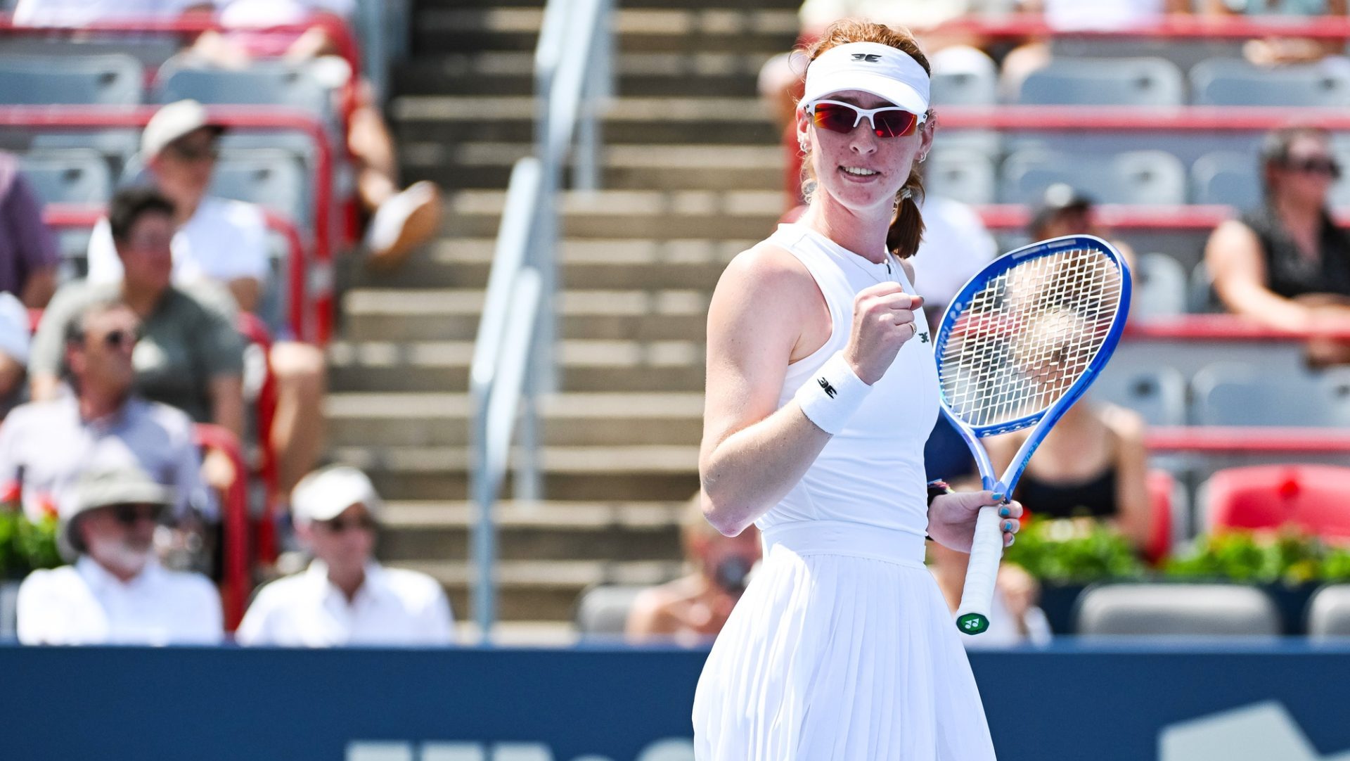 Jul 29, 2025; Montreal, QC, Canada; Maya Joint (AUS) reacts after scoring a point against Leylah Fernandez (CAN) in first round play at IGA Stadium.