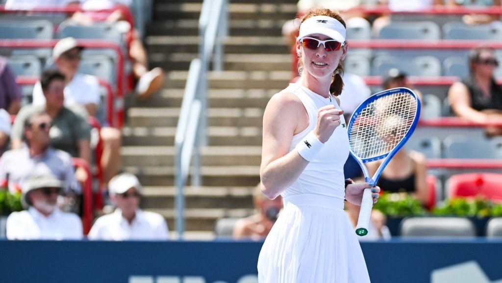 Jul 29, 2025; Montreal, QC, Canada; Maya Joint (AUS) reacts after scoring a point against Leylah Fernandez (CAN) in first round play at IGA Stadium.
