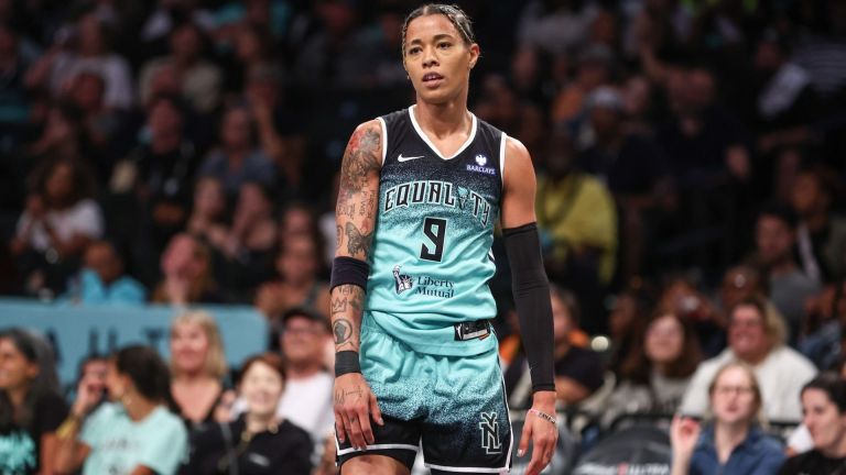 Aug 19, 2025; Brooklyn, New York, USA; New York Liberty guard Natasha Cloud (9) at Barclays Center. Mandatory Credit: Wendell Cruz-Imagn Images