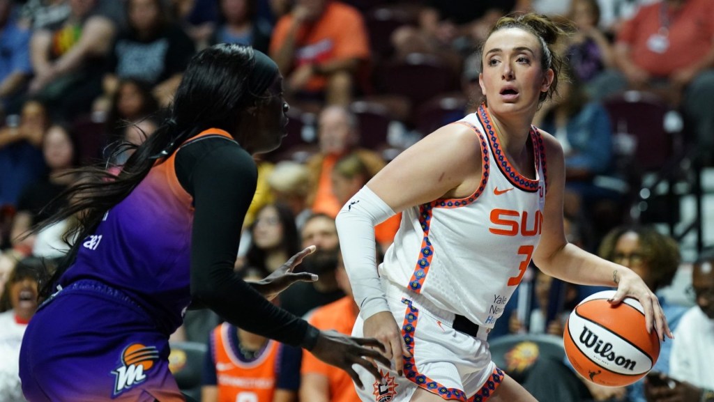 Sep 6, 2025; Uncasville, Connecticut, USA; Connecticut Sun guard Marina Mabrey (3) looks for an opening sgasindt Phoenix Mercury guard Kahleah Copper (2) in the first half at Mohegan Sun Arena.