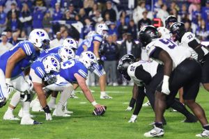 Nov 15, 2025; Provo, Utah, USA; The BYU Cougars offense lines up against the Texas Christian University Horned Frogs defense during the first half at LaVell Edwards Stadium.