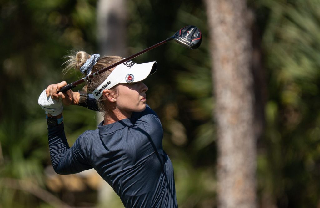 Nelly Korda takes part in the first round of the 2025 CME Group Tour Championships at Tiburon Golf Club at the Ritz Carlton Golf Resort in Naples on Thursday, Nov. 20, 2025.