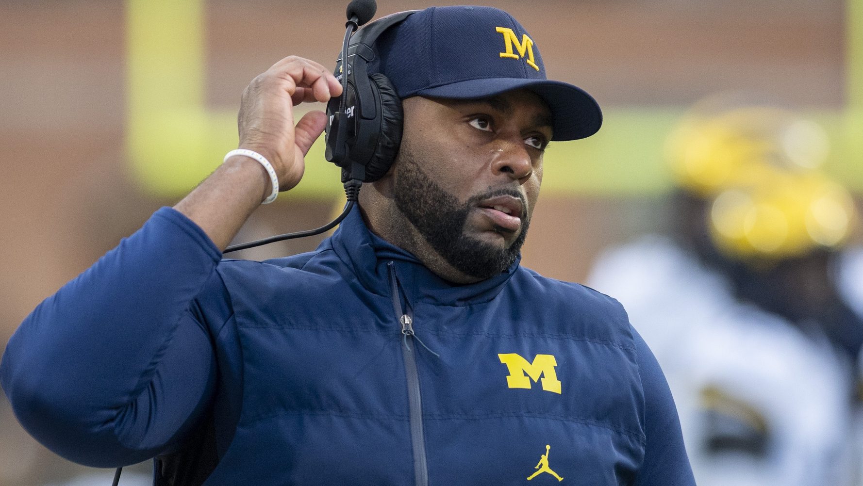 Nov 22, 2025; College Park, Maryland, USA; Michigan Wolverines head coach Sherrone Moore on the sidelines during the first quarter against the Maryland Terrapins at SECU Stadium. Mandatory Credit: Tommy Gilligan-Imagn Images