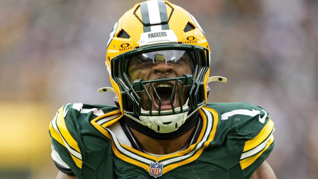 Nov 23, 2025; Green Bay, Wisconsin, USA; Green Bay Packers defensive end Micah Parsons (1) celebrates after sacking Minnesota Vikings quarterback J.J. McCarthy (9) (not pictured) during the game at Lambeau Field. Mandatory Credit: Jeff Hanisch-Imagn Images