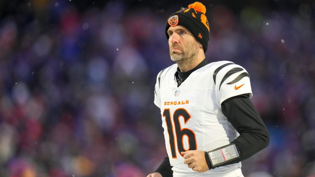 Cincinnati Bengals quarterback Joe Flacco (16) heads for the locker room after the fourth quarter of the NFL Week 14 game between the Buffalo Bills and the Cincinnati Bengals at Highmark Stadium in Orchard Park, N.Y., on Sunday, Dec. 7, 2025. The Bills overcame a halftime deficit to win 39-34.