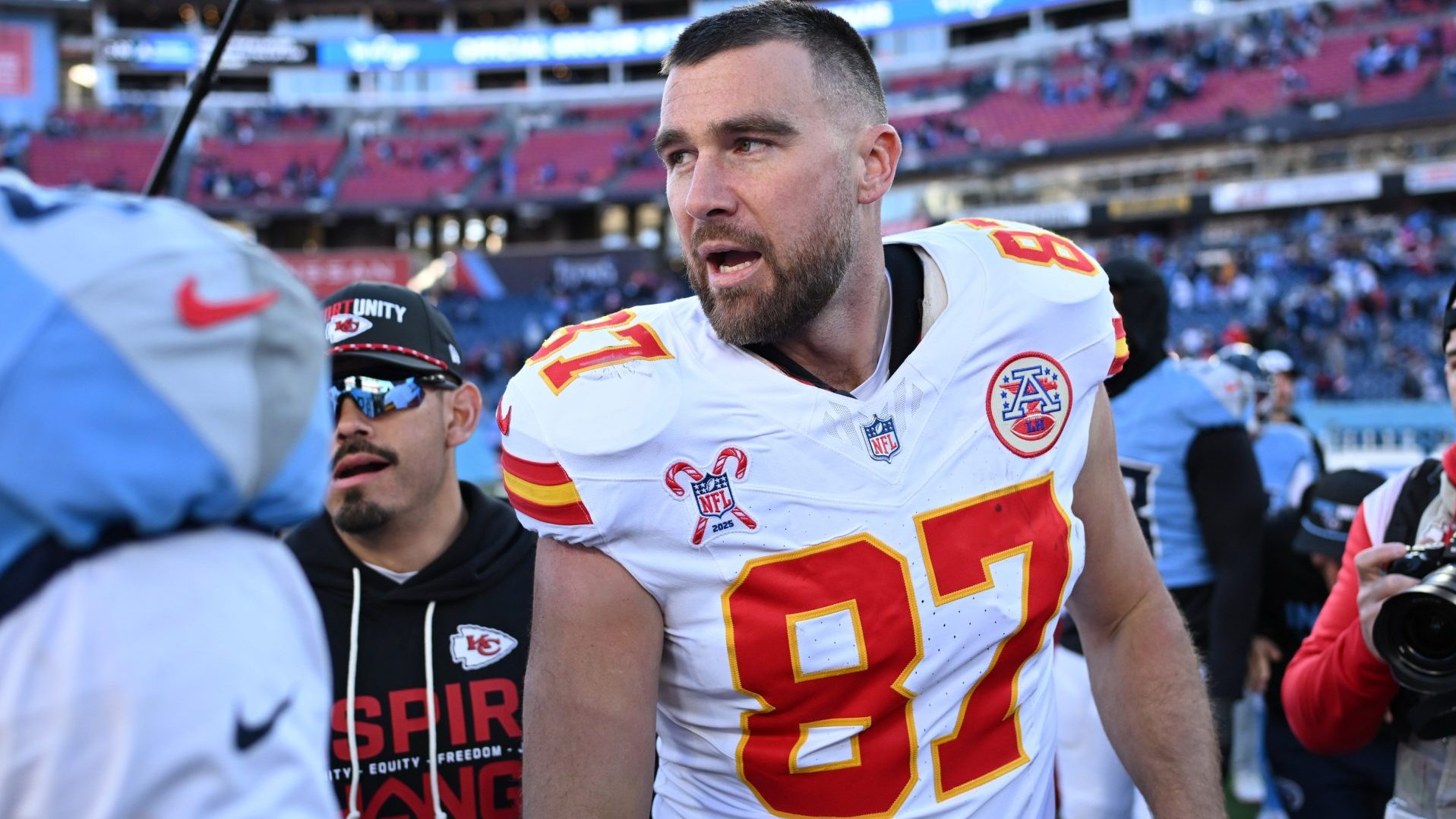 Dec 21, 2025; Nashville, Tennessee, USA; Kansas City Chiefs tight end Travis Kelce (87) after a game against the Tennessee Titans at Nissan Stadium. Mandatory Credit: Steve Roberts-Imagn Images