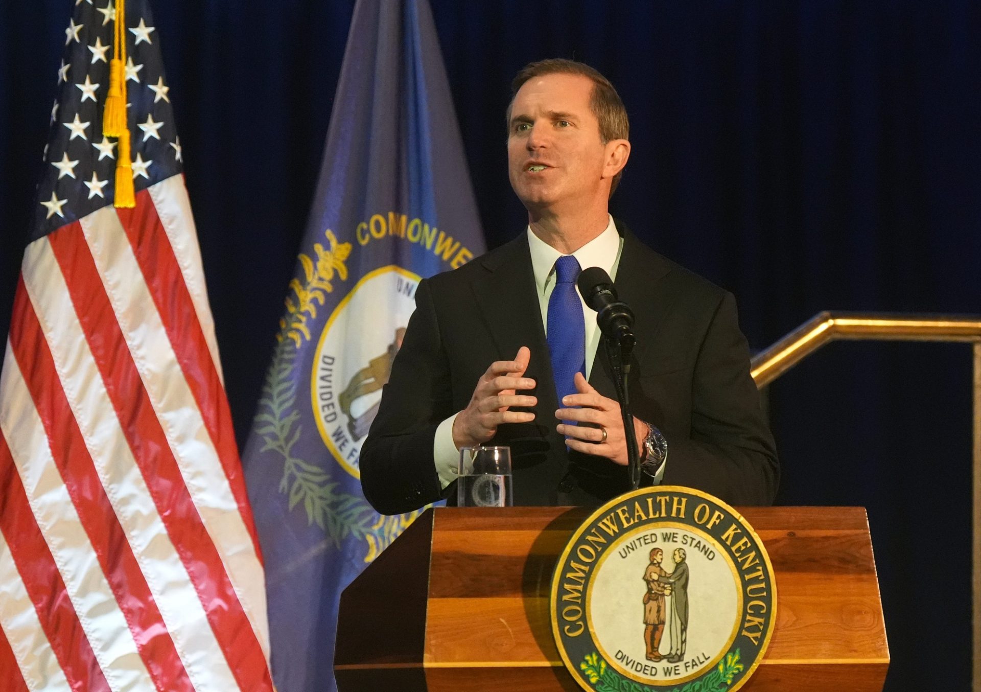 Gov. Andy Beshear delivers his State of the Commonwealth Wednesday night at the Thomas D. Clark Center for Kentucky History. Jan. 7, 2026