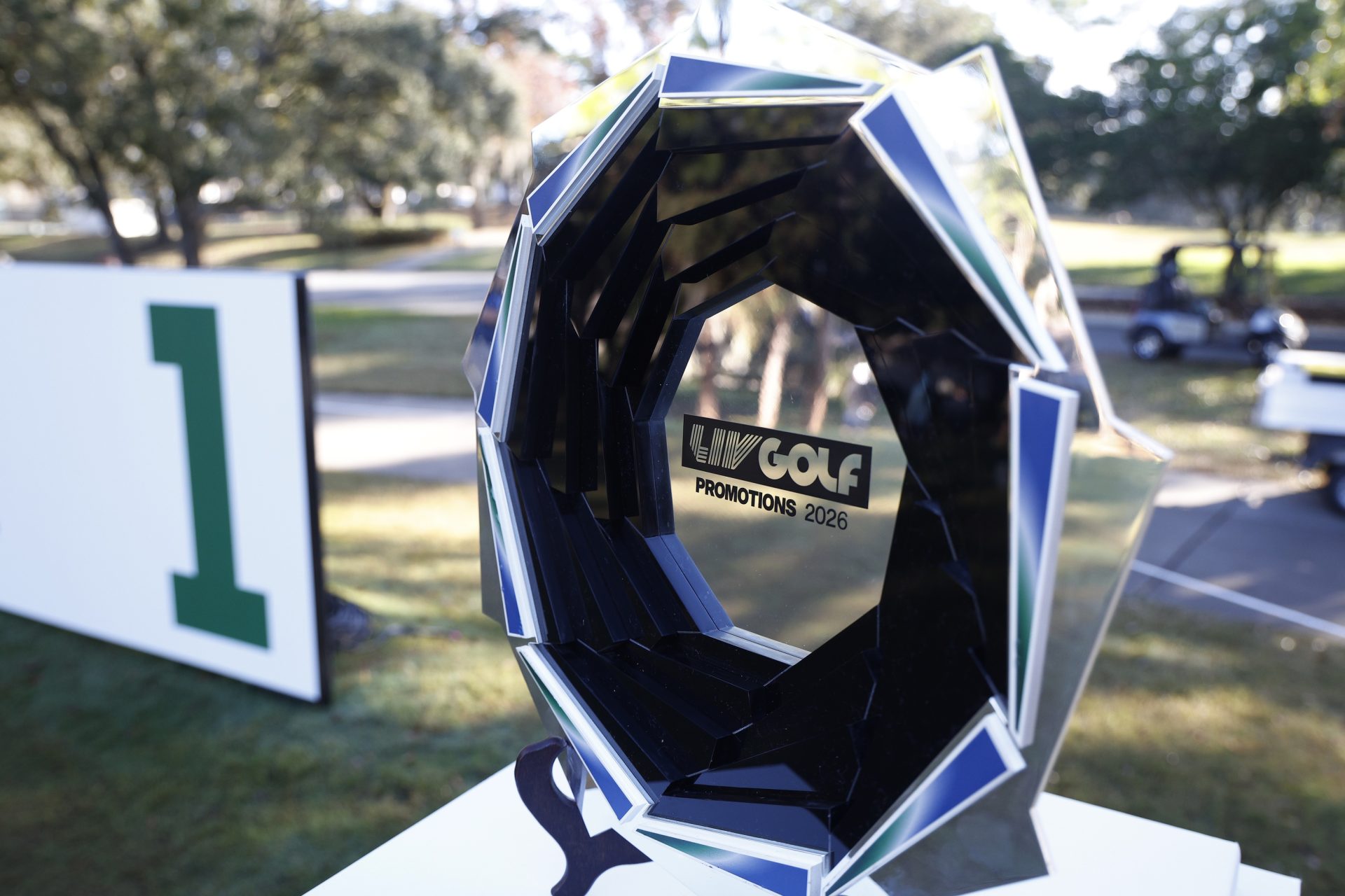 Jan 10, 2026; Lecanto, Florida, United States; The LIV Golf Promotions trophy is displayed on the first tee during the third round of the LIV Golf Black Diamond Ranch golf tournament at Black Diamond Ranch.