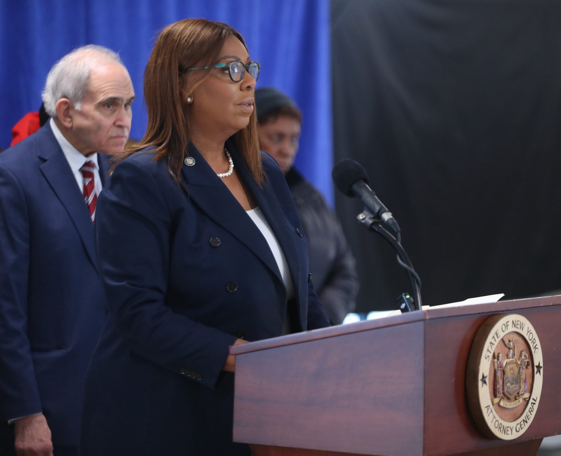 New York Attorney General Letitia James speaks during a press conference announcing a lawsuit against the owners of Kenney Apartments in Newburgh on February 2, 2026. The lawsuit claims that the property owners have not maintained the minimum heat and hot water requirements for their tenants.
