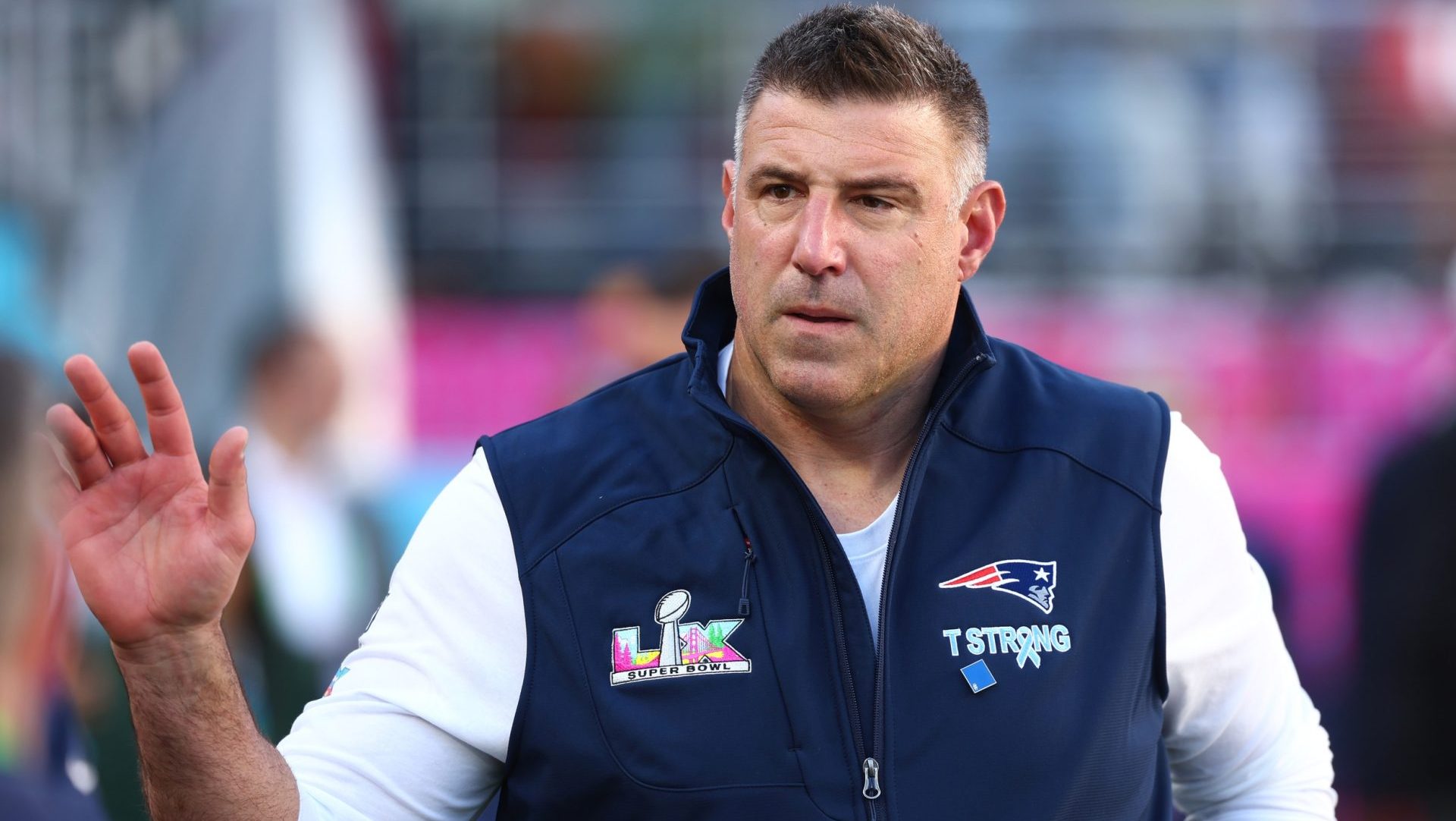 Feb 8, 2026; Santa Clara, CA, USA; New England Patriots head coach Mike Vrabel walks on field before Super Bowl LX against the Seattle Seahawks at Levi's Stadium. Mandatory Credit: Mark J. Rebilas-Imagn Images