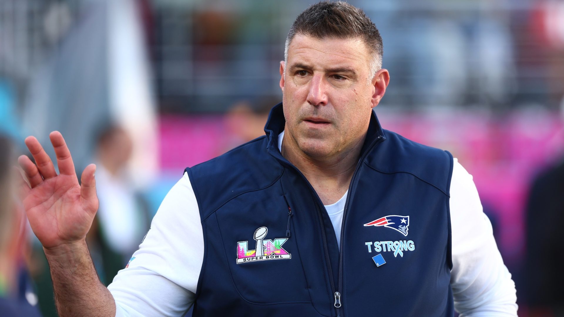 Feb 8, 2026; Santa Clara, CA, USA; New England Patriots head coach Mike Vrabel walks on field before Super Bowl LX against the Seattle Seahawks at Levi's Stadium. Mandatory Credit: Mark J. Rebilas-Imagn Images